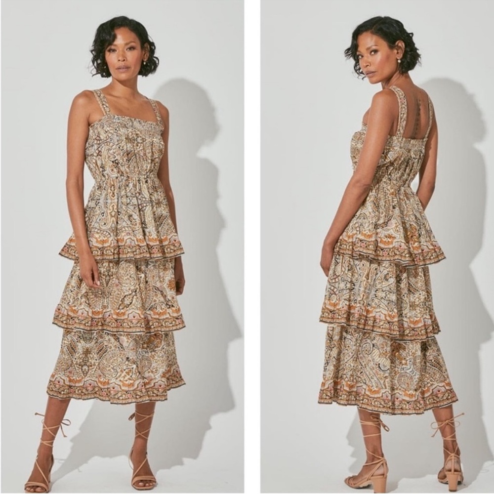 Cleobella Rosalie Tiered Ruffle Midi Boho Dress Womens Size M Kaliedoscope Print
